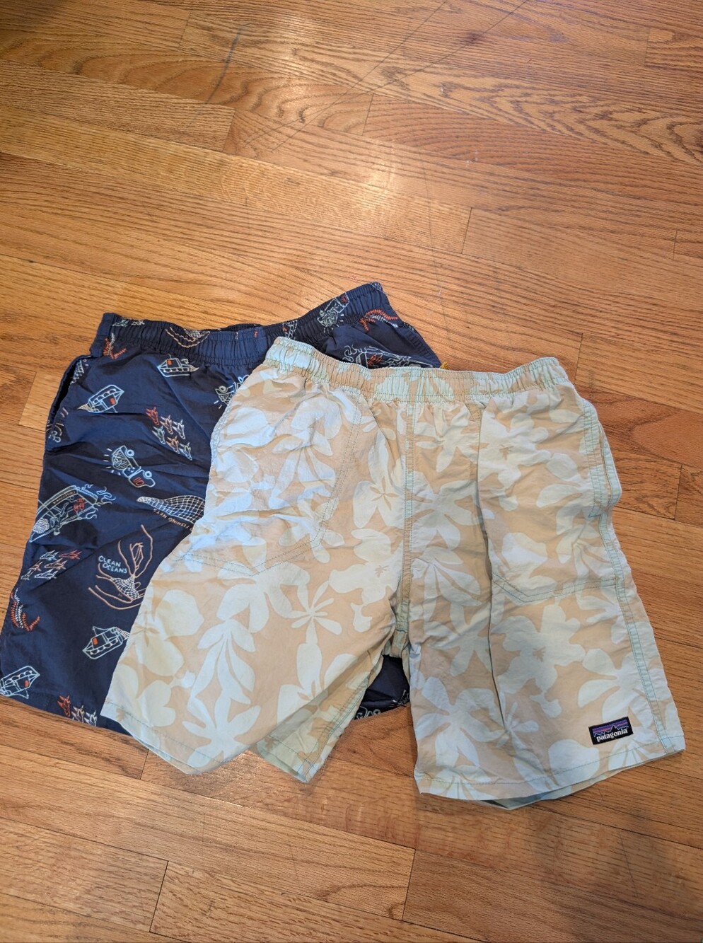 Patagonia Tan & Navy Boys' Floral and Nautical Swim Shorts - Size L - SET OF 2